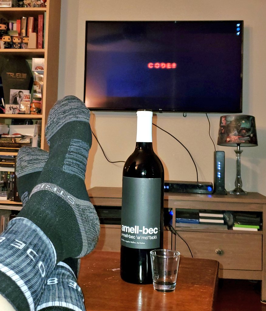 akashathedamned's tweet photo. I did it. I figured out how to get this on my new tv. (don't judge me for the exposed wires 😆) @Code8Movie #Mycode8tix 
And now I'm celebrating!!  3rd viewing. @nockingpoint #Amell-Bec @RobbieAmell @StephenAmell #Code8 https://t.co/IoPA1BYajj