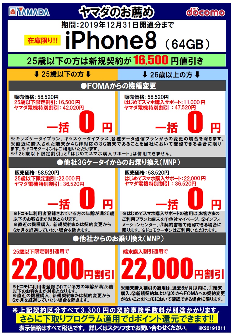 ケータイ番長 大手量販店でドコモ Iphone8 が３gからなら一括0円