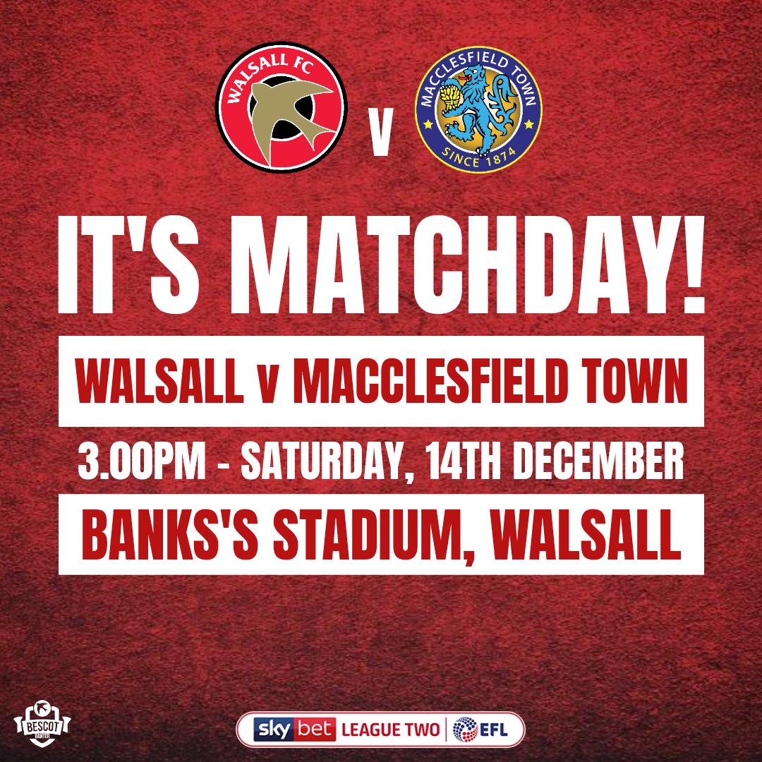 BescotBanter's tweet photo. IT'S MATCHDAY!
๐ @theSilkmen
๐ Sky Bet League Two
๐ Banks's Stadium, Walsall
โฑ๏ธ 3.00pm
#WALMAC | #WalsallFC #Saddlers #Silkmen https://t.co/JlezJfkFRH