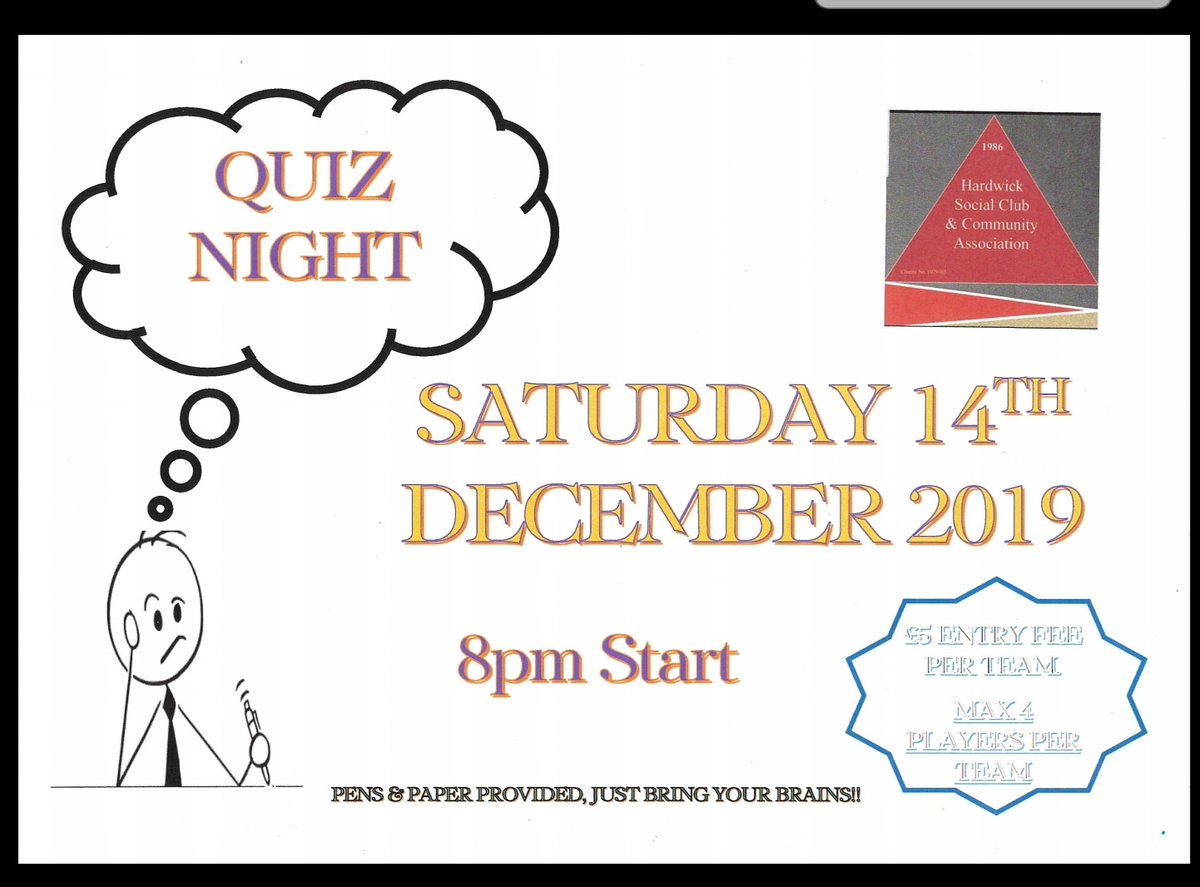 Tonight down the @hardwicksocial . Quiz night for all. £5 per team. Max 4 people in a team. Lots of fun questions &amp; great family night out.