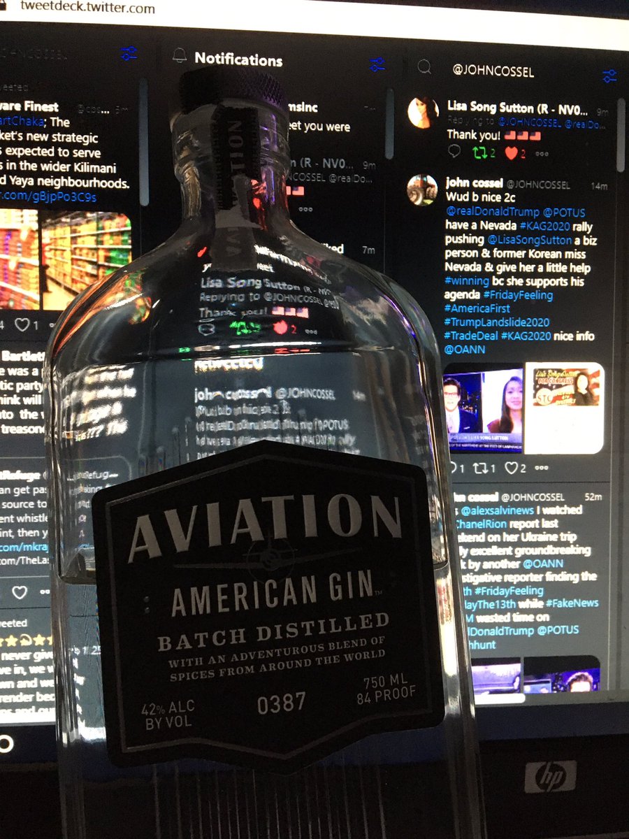 JOHNCOSSEL's tweet photo. That @alexsalvinews does a Gr8 job reporting the news of the day but I react almost as fast having been drinking this Aviation gin all week instead of the typical Tanqueray &amp; tonic watching him &amp; @Liz_Wheeler @OANN b4 falling asleep #FridayThe13th #KAG2020 https://t.co/G6LpVLV2p4