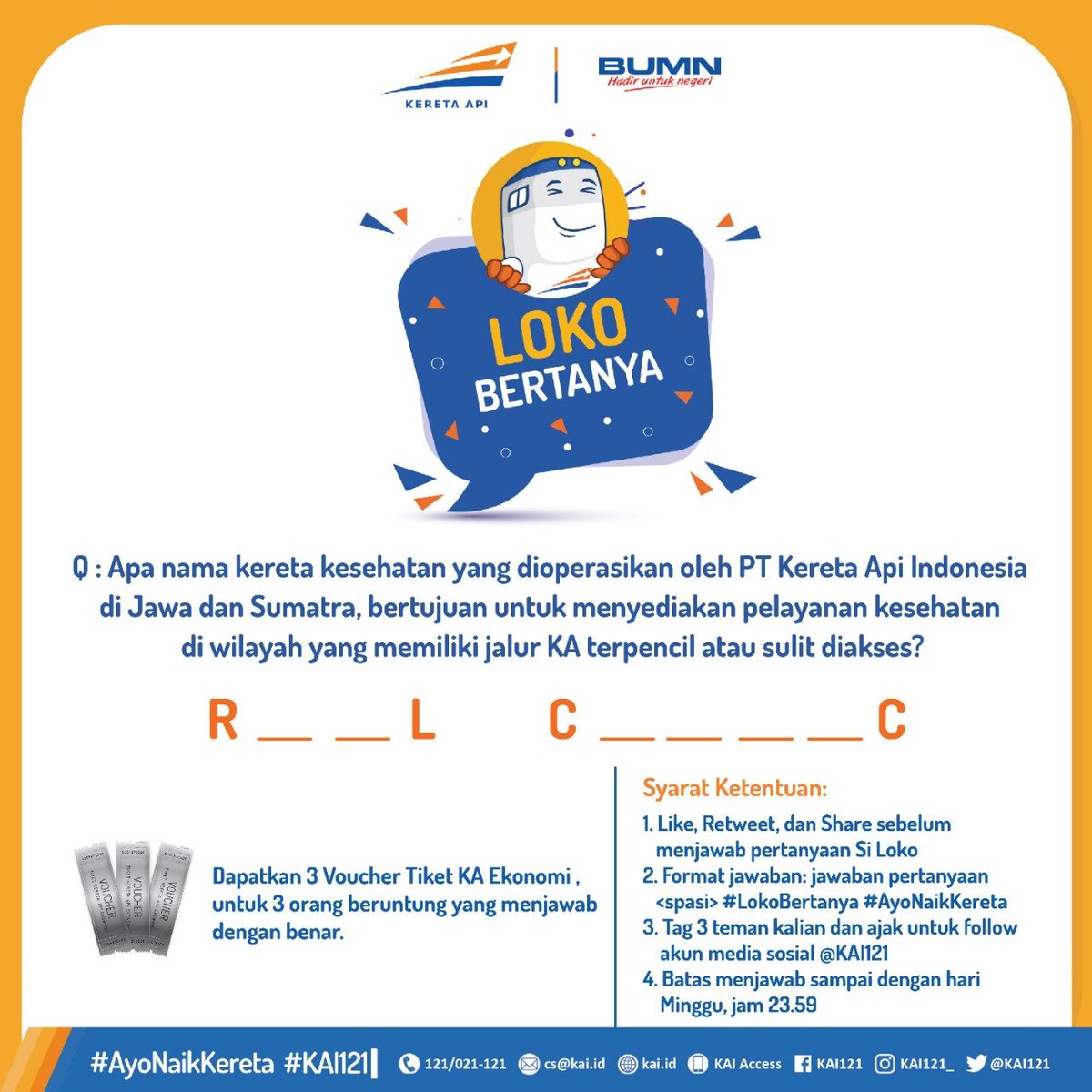 KAI121's tweet image. Mau rebahan dan dapet Voucher Tiket KA Gratis? Bisa kok! Loko Bertanya kembali hadir di weekendmu #SahabatKAI.

Jawab pertanyaan dengan benar. Pastikan syarat dan ketentuannya sudah kamu ketahui ya. Hadiah menarik, berupa voucher tiket KA, bagi tiga orang yang beruntung.