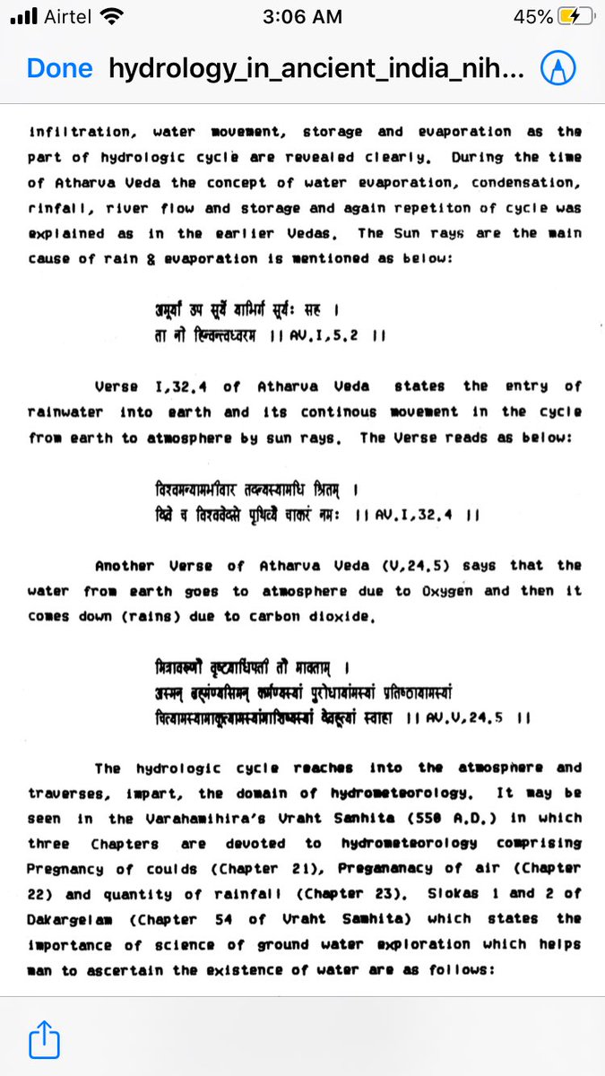 Link:  https://www.indiawaterportal.org/sites/indiawaterportal.org/files/hydrology_in_ancient_india_nih_1990.pdfThe Ṛg Veda, Atharva Veda, Linga Purana, Matsya Purana, Mahabharata, Kishkinda Kanda of Ramayana etc all contain scientific explanations and elaborate descriptions of the water cycle. For example, here is what the Vayu purana has to say: