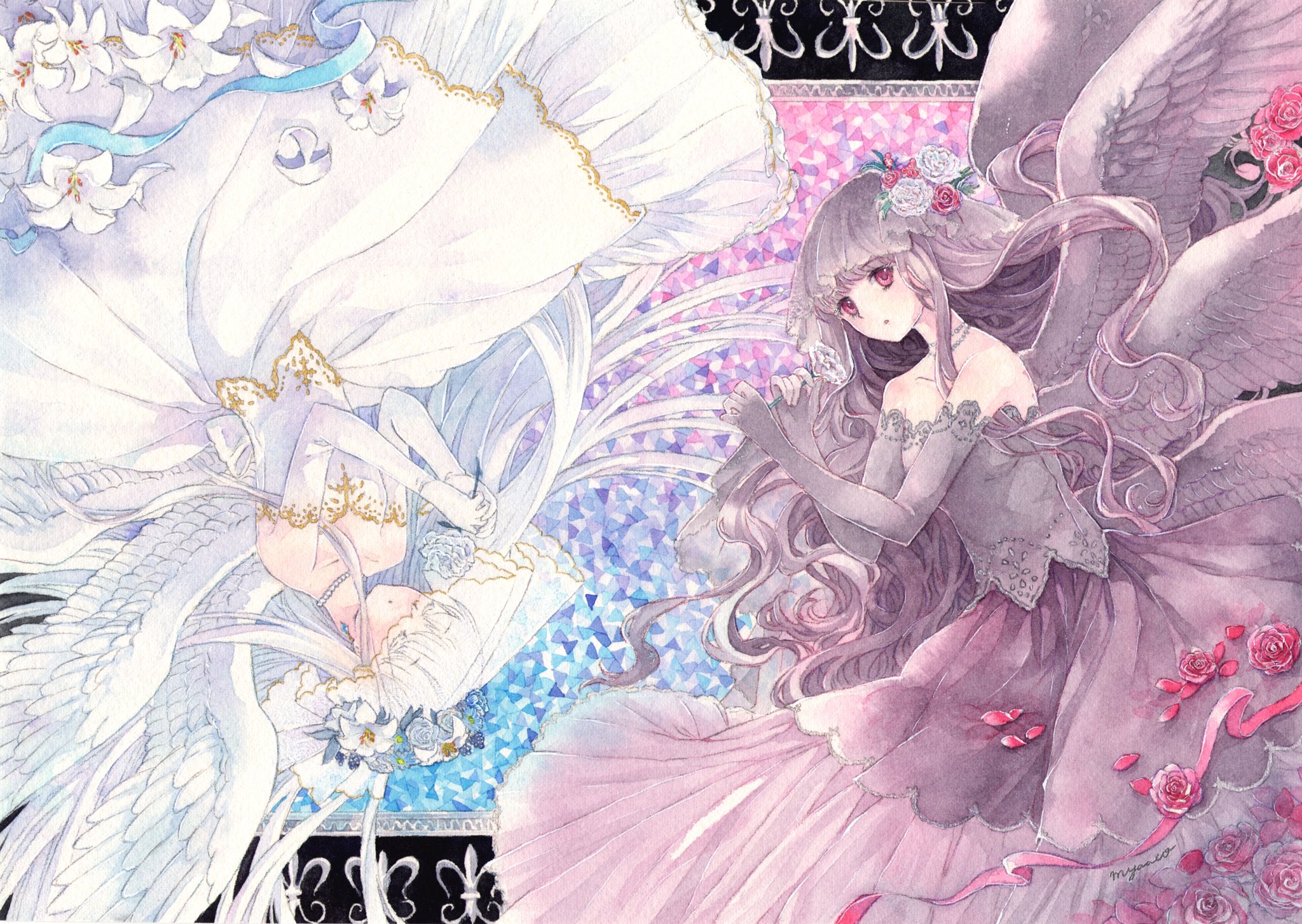 Myaaco 宵闇に誘いて 天使 悪魔展のフライヤーイラスト タイトルは Bipolar 対極 正反対という意味です 顔は似てますが見た目も正反対 その想いも正反対な二人 双子や姉妹ではなありません 以下ネタバレあり お子さんを持つ方には不快なもの