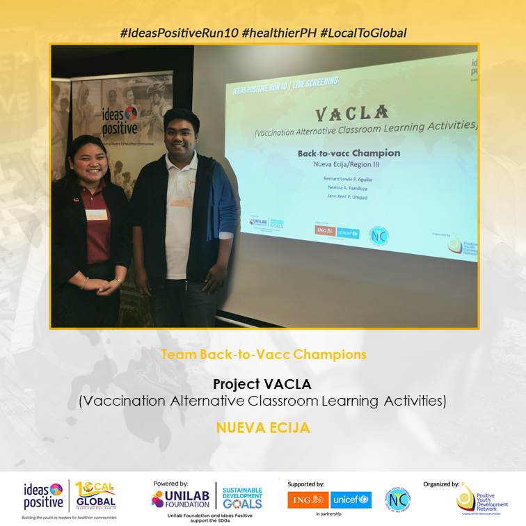 ideaspositive's tweet photo. Project VACLA aims to promote vaccination among teachers and students through alternative classroom learning activities in Nueva Ecija.
Thank you, Team Back-to-Vacc Champions for presenting your positive idea!
#IdeasPositiveRun10 #healthierPH #LocalToGlobal https://t.co/HTKkgT6DIM