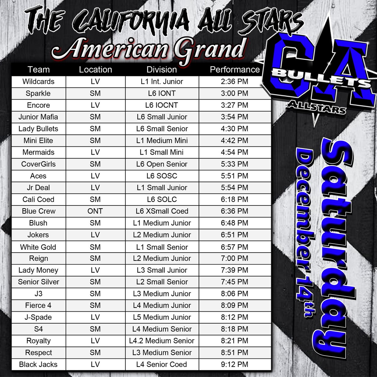 TheCaliAllStars's tweet photo. It’s a CA SATURDAY for The CALI FAMILY! American Grand and GSSA! Let’s go! #CaliFamily #allglorygoesup https://t.co/gQJQoGNJOK