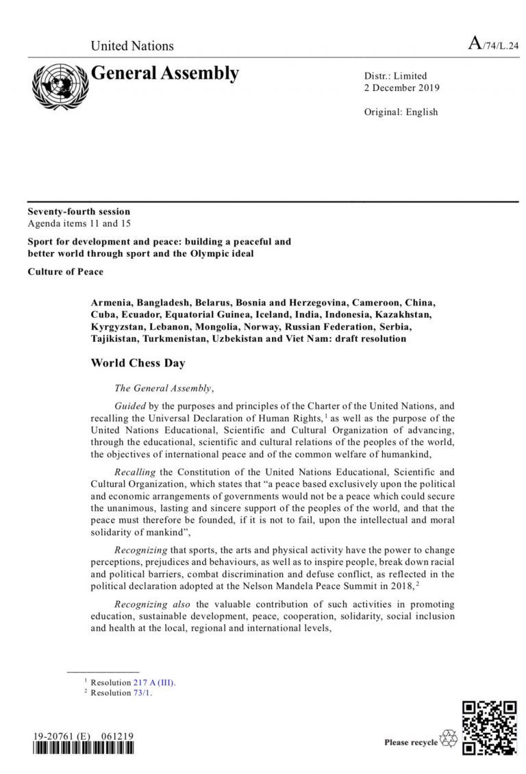 FIDE_chess's tweet photo. World Chess Day, celebrated worldwide on July 20, is now recognized as well by the United Nations. The General Assembly unanimously adopted the relevant resolution, tabled by Armenia and co-sponsored by 52 other countries.
https://t.co/GIKSYVpFIa
#ArmChess #ChessForAll #chess https://t.co/df2kssgTYq