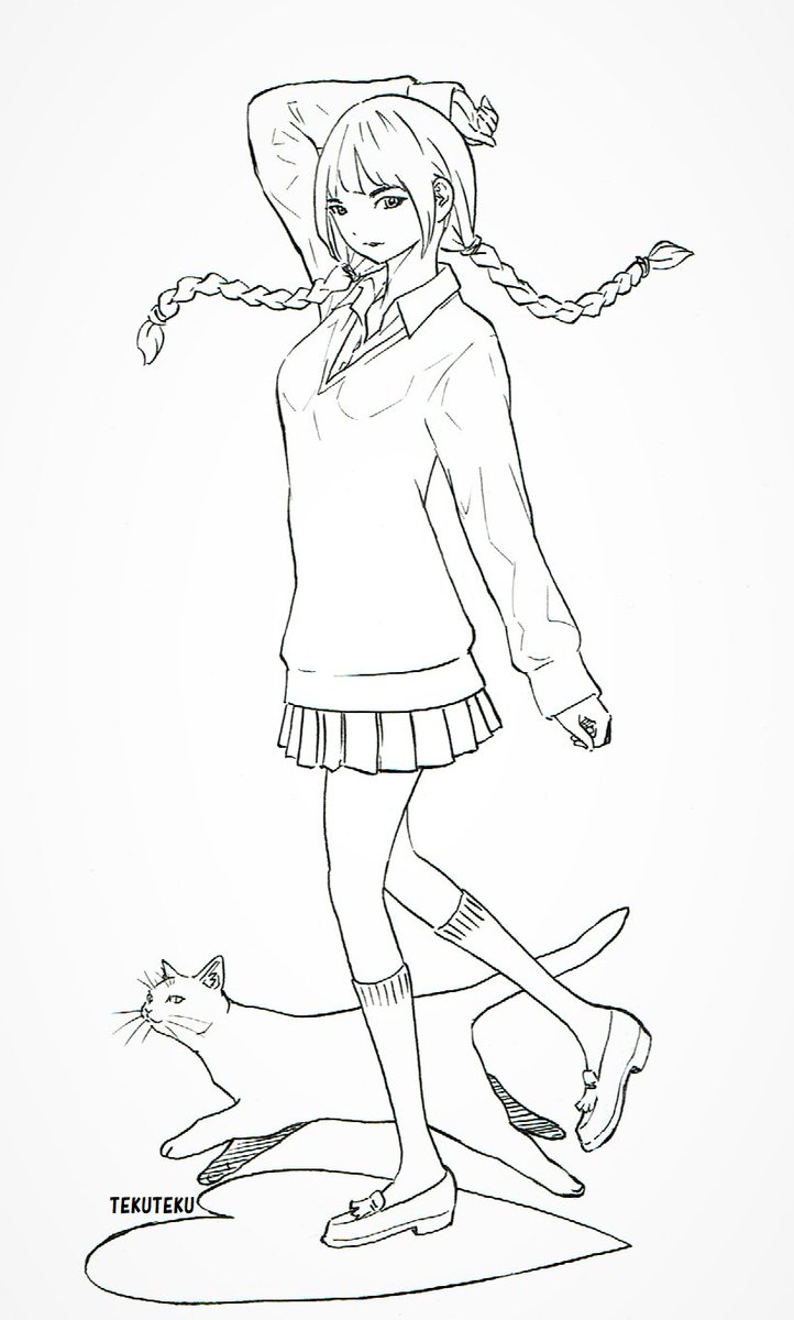 Tekuteku 三つ編みと片手をあげるポーズが浮かんで あとはいつものごとく猫を描いて 影をハート にしただけ D ﾅﾝﾓｶﾝｶﾞｴﾃﾅｲ Illustration オリジナルイラスト 猫好き 線画 ペン画