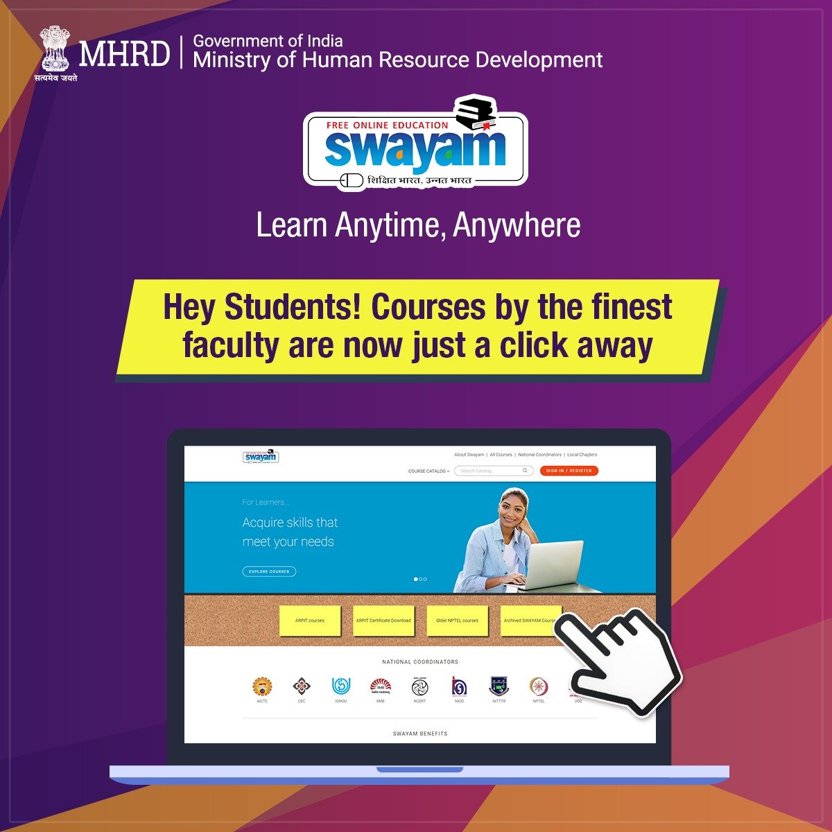 EduMinOfIndia's tweet photo. Students get on board! 
With #SWAYAM's collection of diverse online courses starting from class 9th to PG level, empower yourself with knowledge and skills anytime, anywhere. Specially chosen faculty from across the country have prepared courses only for you. #InitiativesofMHRD https://t.co/qemVBusFAw