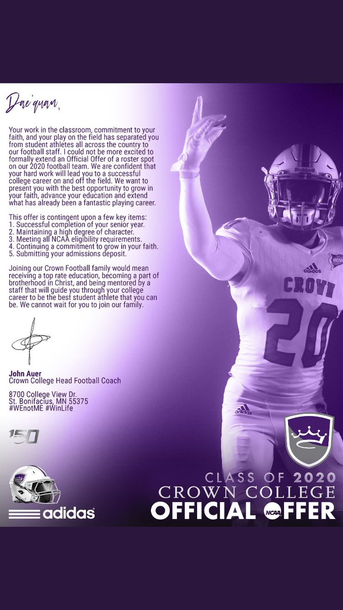 Daek47_'s tweet photo. Extremely Blessed To Receive An Offer From Crown College👑‼️💜 Thank You God 🙏🏽 https://t.co/OsGqPoWtv6