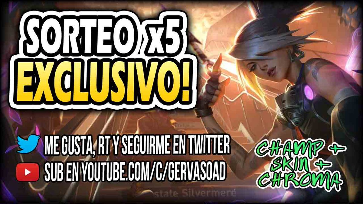 GervaSOAD's tweet photo. 🌟🌟 SORTEO 5 AKALI TRUE DAMAGE 🌟🌟

5 Akalis True Damage! 
(CHAMP + SKIN + CHROMA) 

Requisitos:
🔥 Follow @GervaSOAD
🔄 RT ❤️ MG AL TWEET
Suscrito en YT : https://t.co/8INUbQq84m
(5 ADICIONALES entre los que se suscriban a YT!)

Hasta el 08/01/2020! @lol_es #LeaguePartner! https://t.co/cLw6AJUnuN
