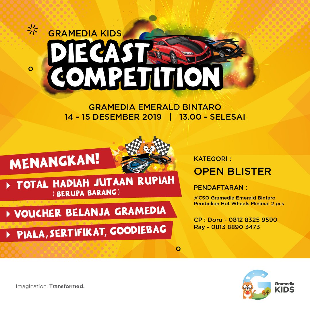 Besok masih ada Diecast Race 15 Desember 2019
Yuk adu balap diecast bersama Doru 😁
Siapa mau ikut?

Akan ada banyak hadiah yang menarik juga looh  
#gramediakids 
#diecastfestival 
#diecastcompetition 
#diecastcustom 
#diecastrace