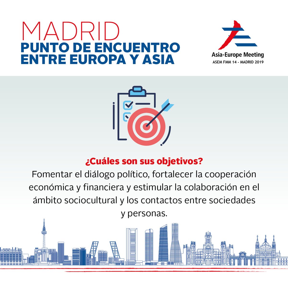 MAECgob's tweet photo. #Madrid se convierte en el punto de encuentro entre #Asia y #Europa como anfitriona de la 14.ª reunión de ministros de Asuntos Exteriores de #ASEM @AsiaEuropeMtg.

Pero ¿qué objetivos tiene este encuentro?
🗣️ Diálogo
🤝 Cooperación
👫 Contacto

#ASEMFMM14 @CasaAsia @aseforg https://t.co/6Xyg96xuoY