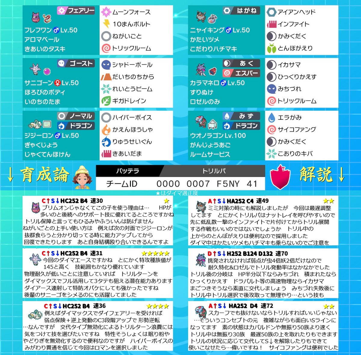 Batteradaisuki 試したくなるようなトリックルームptを目指して開発しました フレフワン ニャイキング サニゴーン カラマネロ ジジーロン ウオノラゴン です 全員最遅調整もしてますので 手間いらずでレンタルしてみてください 慣れてくると楽しいですよ Batteradaisuki 試したくなるようなトリックルームptを目指して開発しました フレフワン ニャイキング サニゴーン カラマネロ ジジーロン ウオノラゴン です 全員最遅調整もしてますので 手間いらずでレンタルしてみてください 慣れてくると楽しいですよ