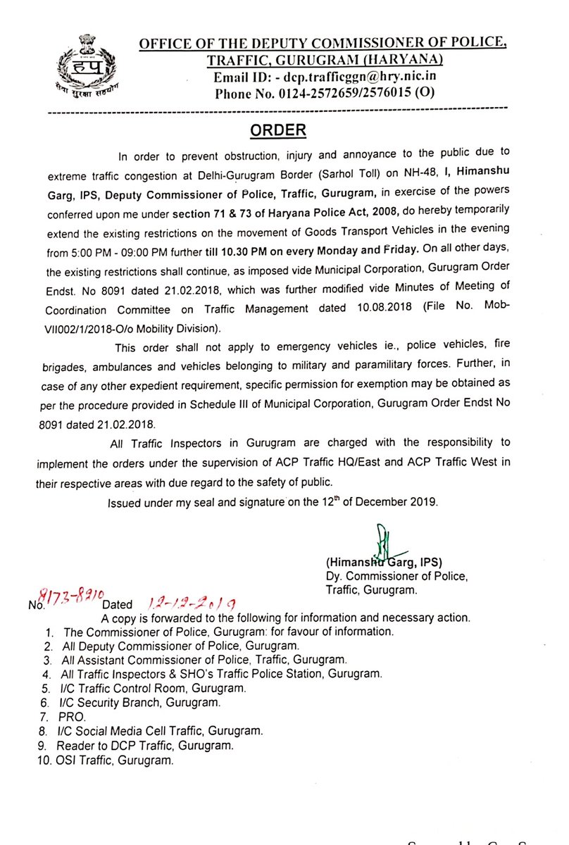Gurugram Traffic Police (@trafficggm) on Twitter photo To decongest NH48 at Sarhol border, no entry restrictions on movement of heavy vehicles have been extended from the existing 5:00PM to 9:00PM further till 10:30PM on Monday and Friday only.
<a href="/dcptrafficggm/">DCP Traffic Gurugram</a> <a href="/TOIGurgaon/">TOI Gurgaon</a> <a href="/HTGurgaon/">HT Gurugram</a> <a href="/htTweets/">Hindustan Times</a> <a href="/thetribunechd/">The Tribune</a> <a href="/gurgaonpolice/">Gurugram Police</a> To decongest NH48 at Sarhol border, no entry restrictions on movement of heavy vehicles have been extended from the existing 5:00PM to 9:00PM further till 10:30PM on Monday and Friday only.
<a href="/dcptrafficggm/">DCP Traffic Gurugram</a> <a href="/TOIGurgaon/">TOI Gurgaon</a> <a href="/HTGurgaon/">HT Gurugram</a> <a href="/htTweets/">Hindustan Times</a> <a href="/thetribunechd/">The Tribune</a> <a href="/gurgaonpolice/">Gurugram Police</a>