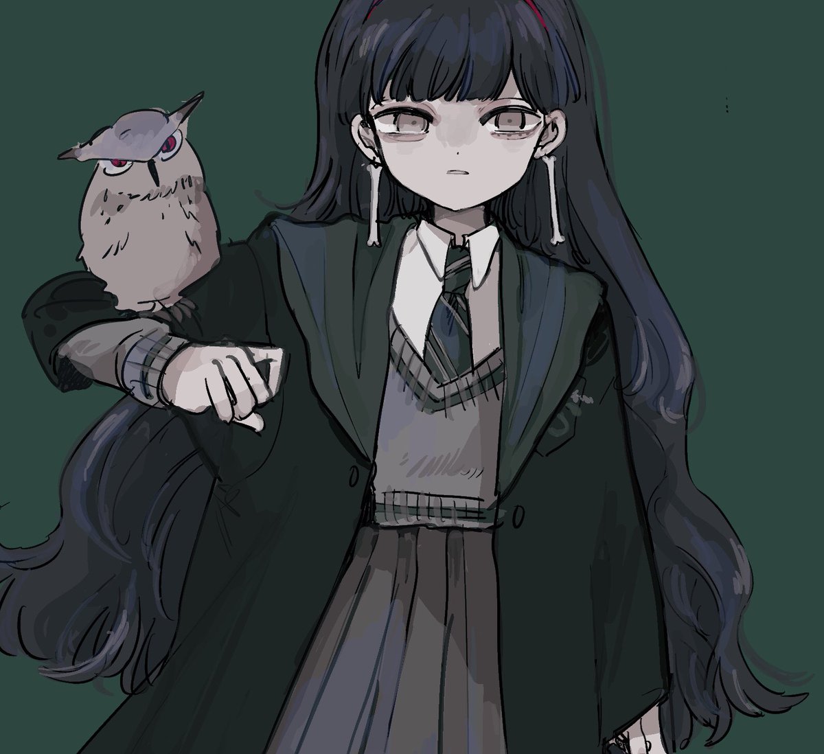 hogwarts school uniform 1girl wand holding wand necktie skirt long hair  illustration images