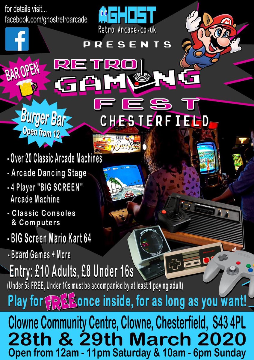 March 28th &amp; 29th 2020!    Retro gaming comes to Chesterfield.  2 days of classic arcade machines, retro consoles, ddr dancing stage &amp; more.  All FREE to play once inside.   See poster for details!  Game on!