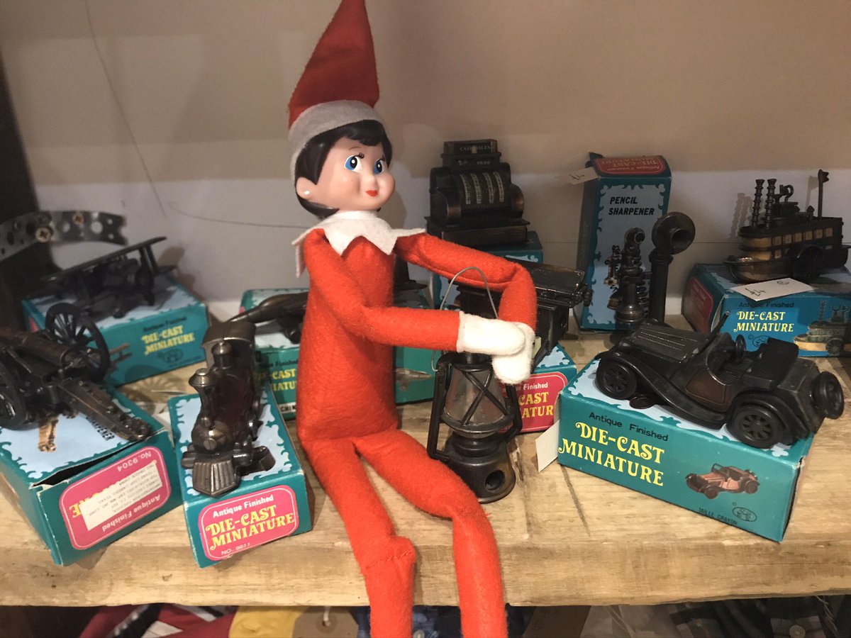 Betty has found our collection of vintage die cast pencil sharpeners. They’re just the right size for her! #diecastpencilsharpeners #antiques #elfontheshelf #retrofurniture #vintage #xmasshopping #harrogateantiques