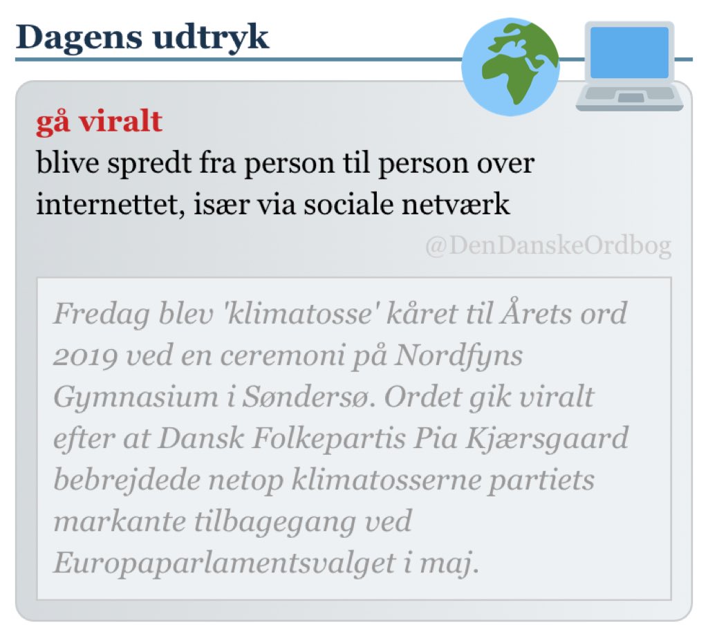 DenDanskeOrdbog's tweet photo. #ÅretsOrd2019 #klimatosse #viralt #Søndersø #dksprog #dagensudtryk #dagensord
https://t.co/vnqhv6UJIl https://t.co/bg0GIEwNkp