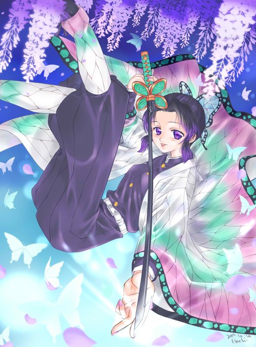 Hachi@育児奮闘中さんがTwitterに投稿した胡蝶しのぶ(鬼滅の刃)のイラスト。