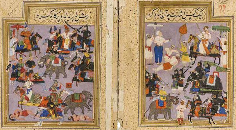 Miniature shows the victory of Deccan Sultanates in Battle of Talikota against the Hindu Vijayanagara Empire in 25 January 1565.Hindu forces outnumbered Muslims ones by 40k. Still Sultanate forces crushed them in a decisive way.