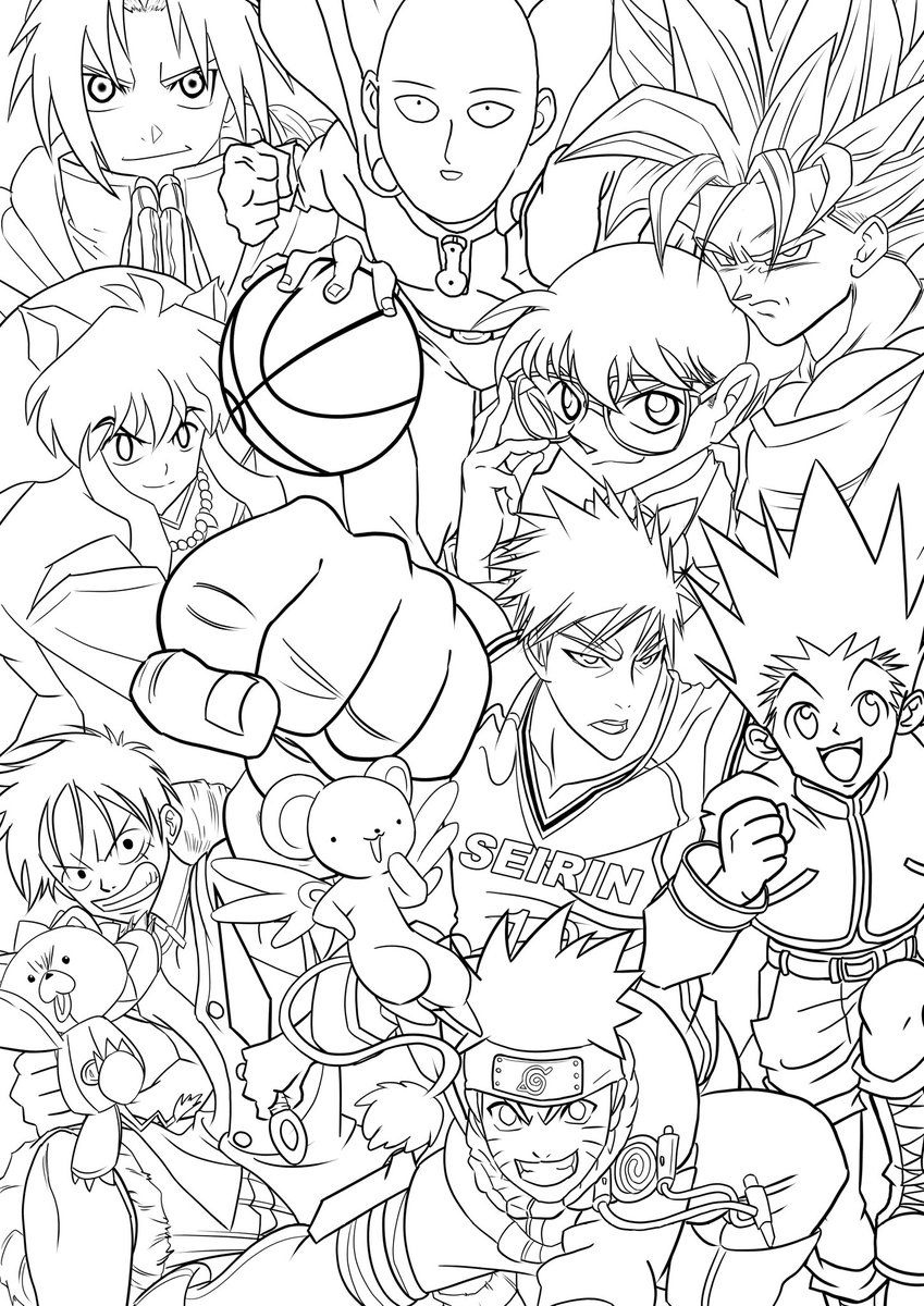 キーマカレー 今までのイラストの集合絵 カラー モノクロ 線画 イラスト 集合絵 芸術同盟 孫悟空 ドラゴンボール ルフィ ワンピース ゴン ハンターハンター ナルト 鋼の錬金術師 エド サイタマ ワンパンマン 犬夜叉 コナン 黒子の