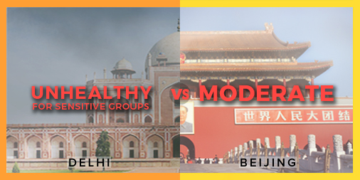 Air quality in #Delhi 💨 😷 is worse than #Beijing. PM2.5 in µg/m³: Delhi 60.34 vs 16.55 Beijing. 5PM IST #AirPollution #KnowYourAir