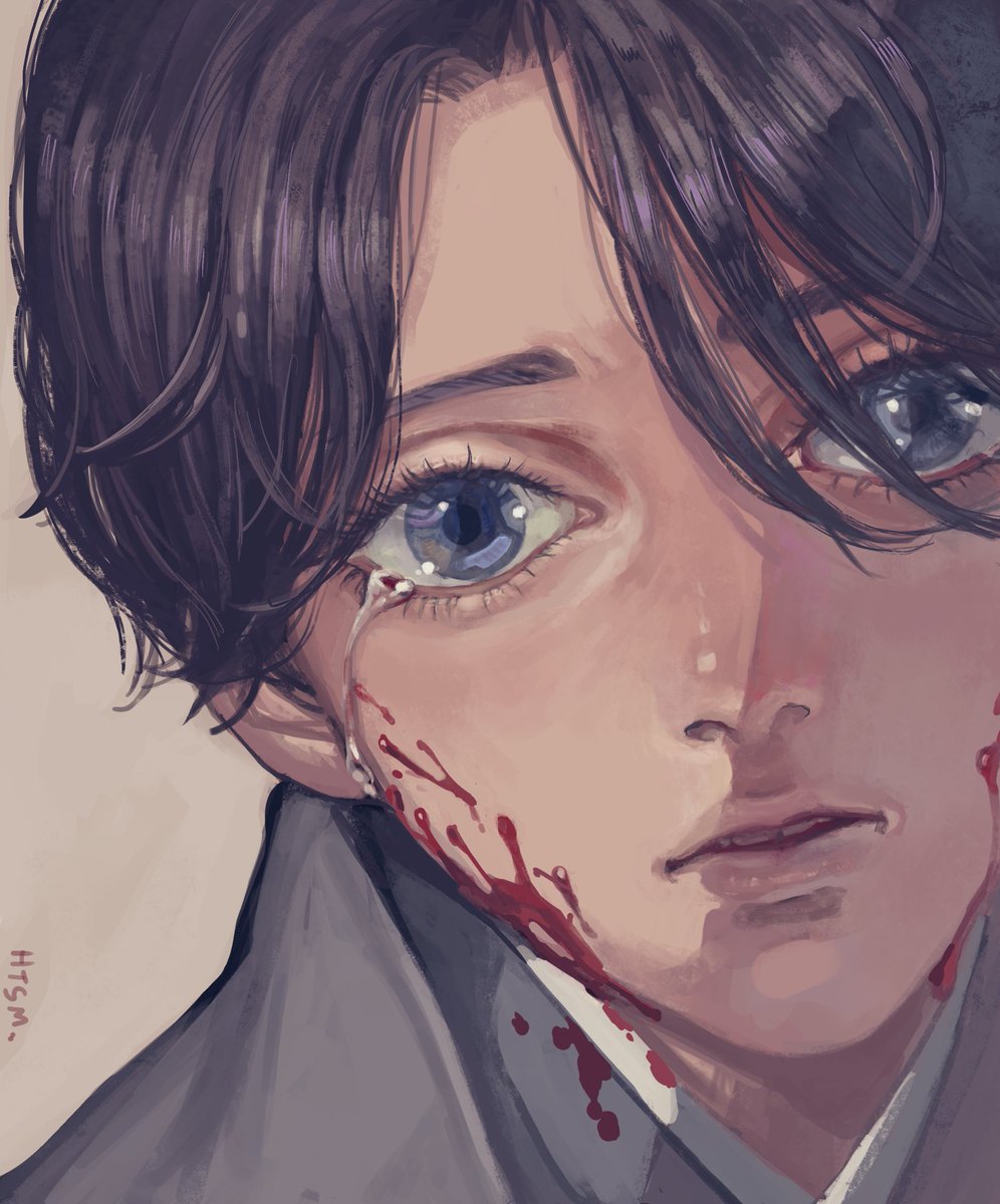 blood solo 1boy male focus blood on face tears portrait  illustration images