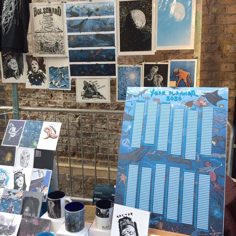 All set up and ready to go! 🎄@illustrationHQ #HouseOfIllustrationFair Kings Cross 11-5...come say 👋🏻 Prints sold in biodegradable waxed paper #illustration #shopindependent #noplastic