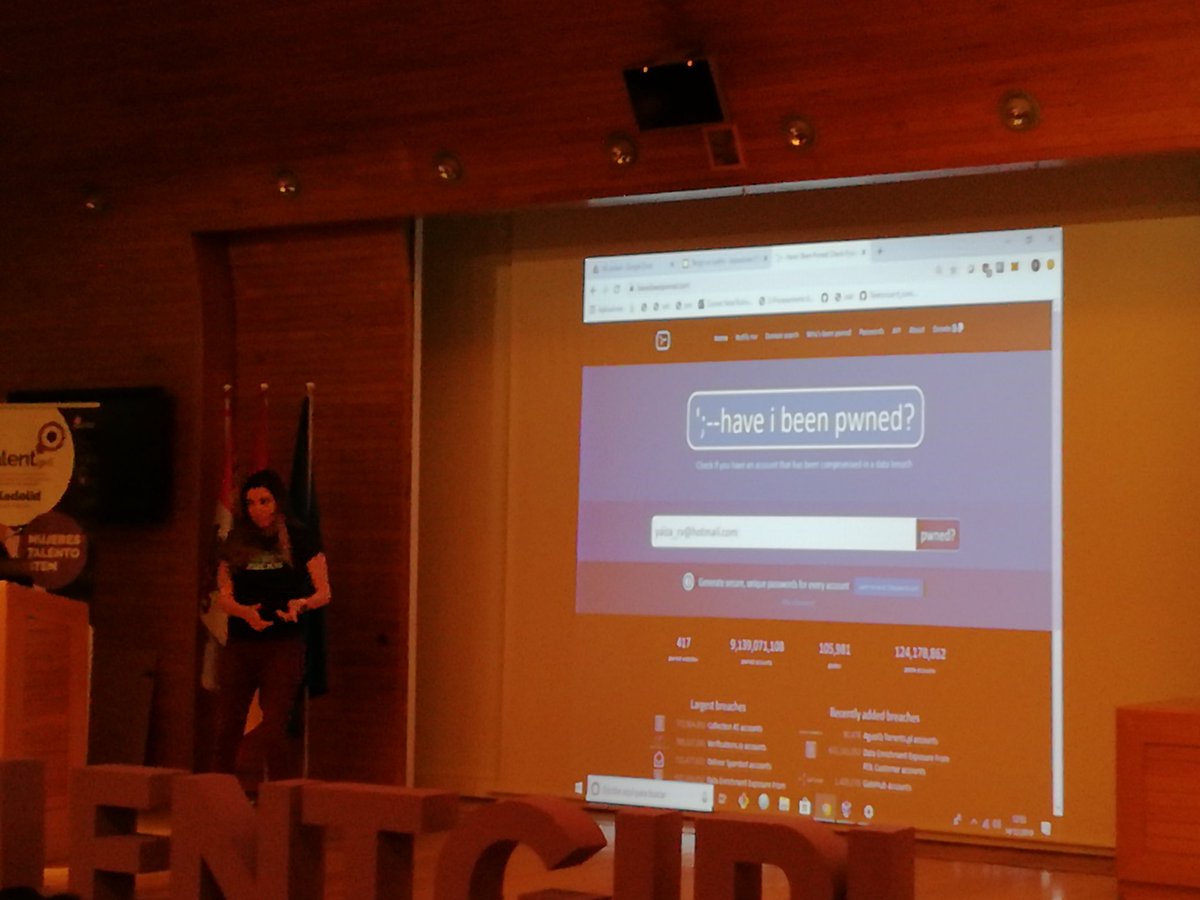 Probando si alguna de nuestras cuentas de correo ha sido hackeada con haveibeenpwned.com. Nos lo enseña <a href="/yrubiosec/">yrubiosec.eth</a> en la masterclass de #ValladolidSTG #TalentGirl