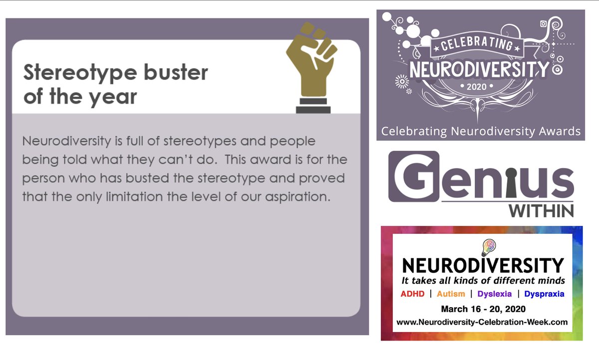 SienaCastellon's tweet photo. Who will the 2020 Stereotype Buster be?
🏆🏆🏆🏆🏆🏆🏆🏆🏆🏆🏆🏆
#CelebratingNeurodiversity2020
#NeurodiversityCelebrationWeek
#Neurodiversity https://t.co/8hcM6RDlR6