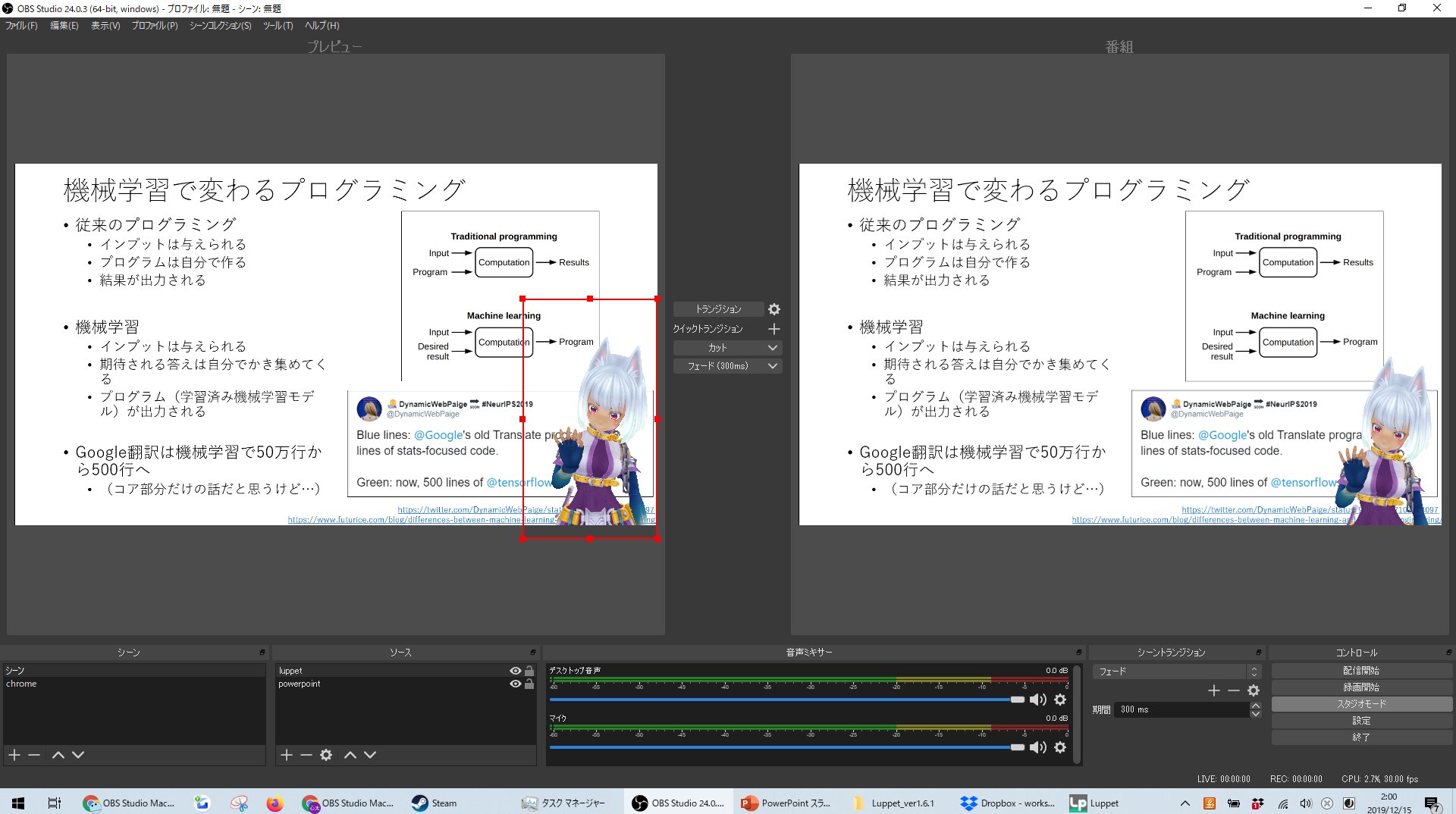 ところてん Powerpointをobsに食わせて Luppetと合成して 別ディスプレイに流す環境が構築できた パワーポイントがフルスクリーンだとキャプチャできないので ウィンドウモードでプレゼンをするというのが一番のトラップだった 犬耳白髪褐色スク水冒険