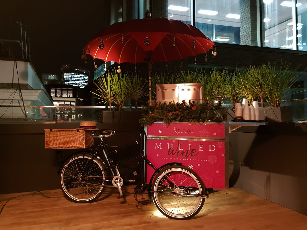 TricycleTempt's tweet photo. Our mulled wine tricycle looking great on the roof terrace of the thm partners Watling Street, London office for a client drinks reception. Give us a call for your next event and get a quote for your own Tricycle Temptations! https://t.co/jfoNu8c77m