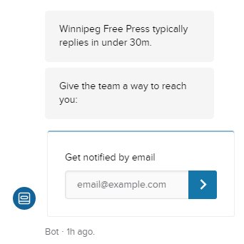 Lady_Di74's tweet photo. @WinnipegNews if you're going to have pop-ups encouraging people to connect via chat, staff should be available to respond in a reasonable amount of time! #gaveupafteranhour #notcool https://t.co/I5A477aVDs