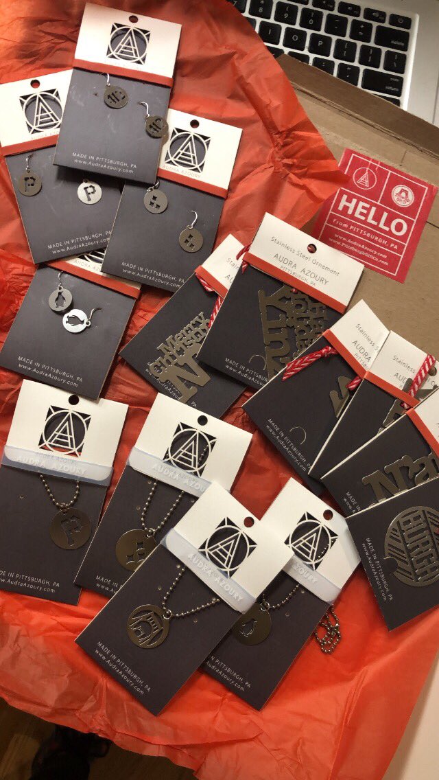 Bout_Passerelle's tweet photo. Audra Azoury Design steel cut jewelry and ornaments now at BLP. I think they’ll make the perfect gift for that yinzer on your list...I got a pair of the 412 earrings for myself. 😉 https://t.co/D06kpmOXjs