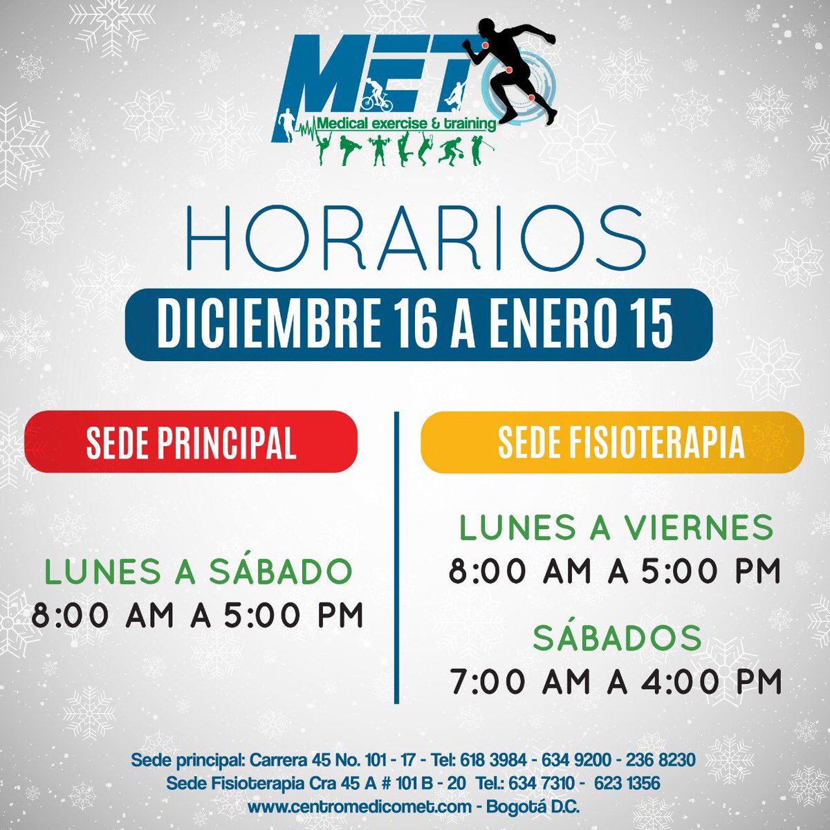 Ten presente el horario de atención de <a href="/met_clinica/">Centro Médico Deportivo MET</a> a partir del día 16 de Diciembre de 2019 hasta el 15 de Enero de 2020. #MET #MedicinaDeportiva #Fisioterapia #Ortopedia #Traumatología