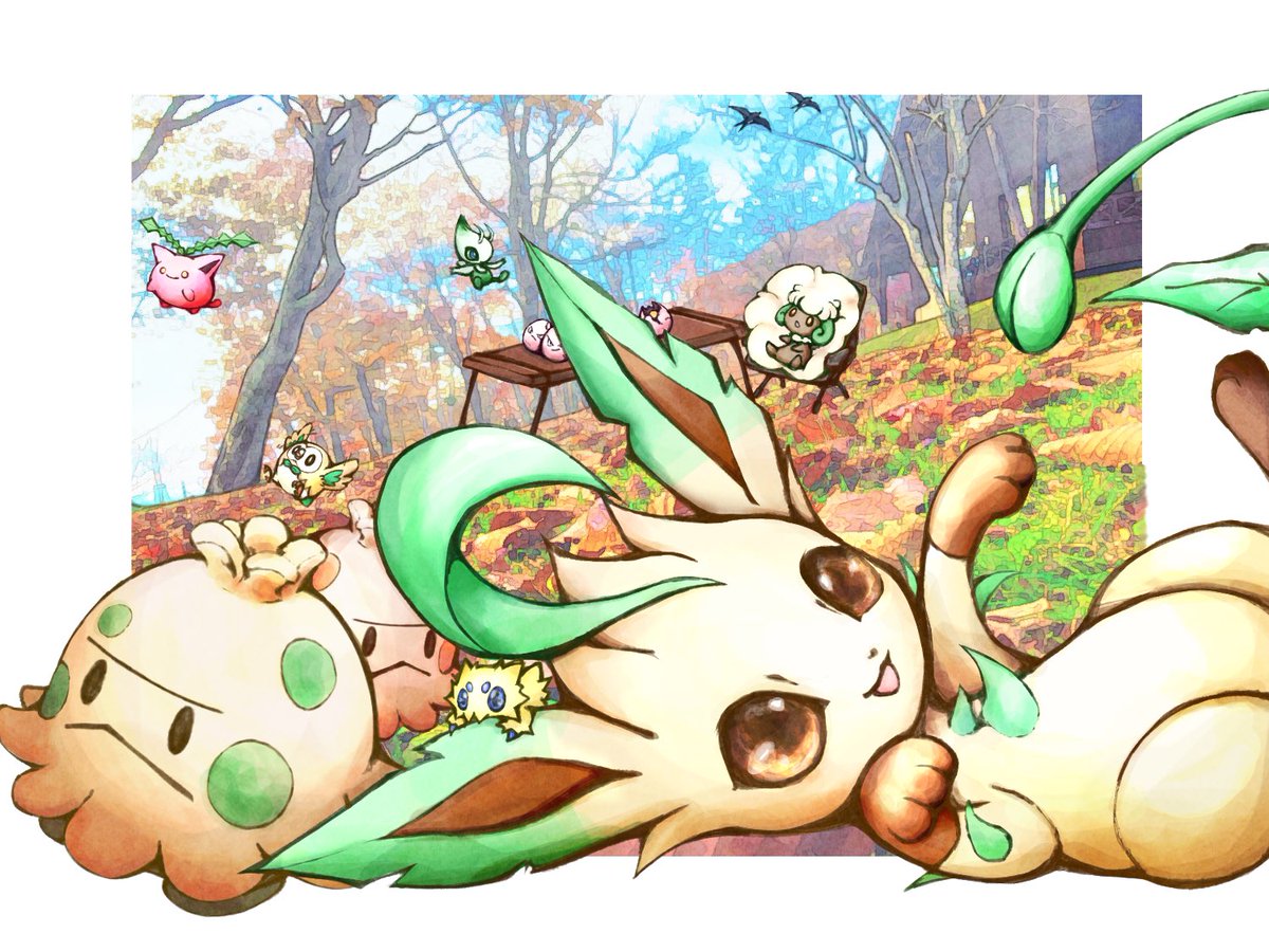 leafeon pokemon (creature) no humans tree outdoors open mouth smile brown eyes  illustration images