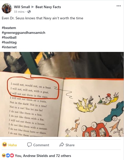 UDonovian's tweet photo. Beat Navy!
#BeatNavyFacts #BeatNavy #DrSeuss #NotOnABoat #NotWithAGoat #GoArmy #GoArmyBeatNavy https://t.co/XQ3OpmzRt2