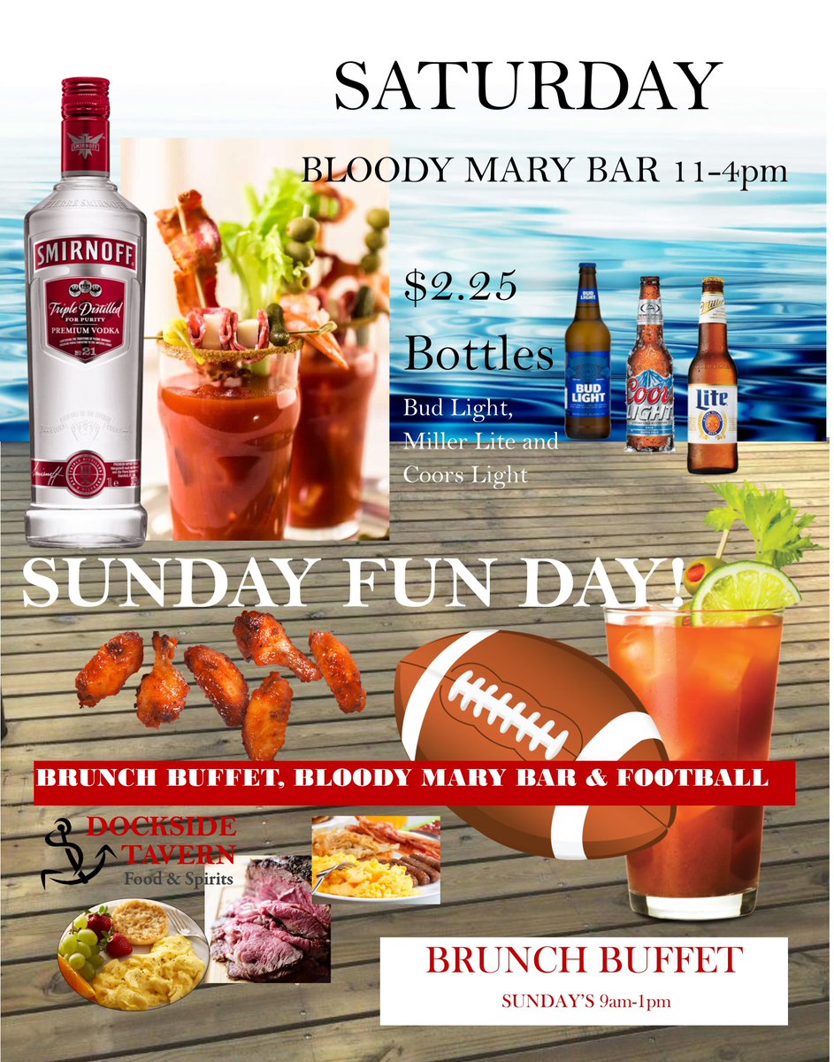 It's the weekend!  Join us for beer, bloody mary bar (Sat &amp; Sun), Sunday brunch buffet and of course FOOTBALL. #bloodymarybar #itstheweekend #docksideoshkosh #sundayfunday #sundaybrunch