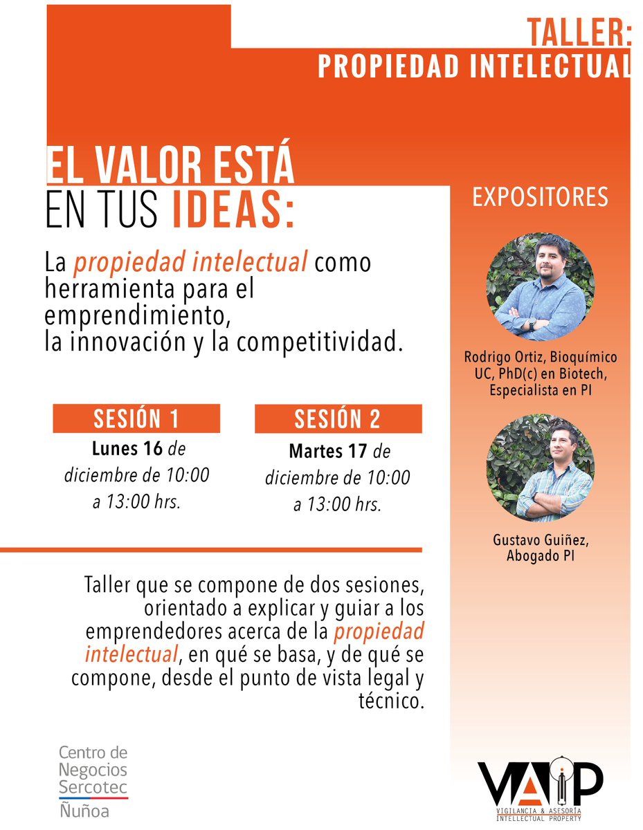 Todos invitados a nuestro taller de propiedad intelectual, a realizarse en Centro de Negocios Ñuñoa - SERCOTEC, el próximo Lunes 16 y Martes 17 #sercotec #centrodn_nunoa #vaip_cl #pyme25 #pymexpyme #innovación #emprendimiento #centrodenegocios

INSCRIPCIÓN
forms.gle/RSzzVakJs2AoPj…