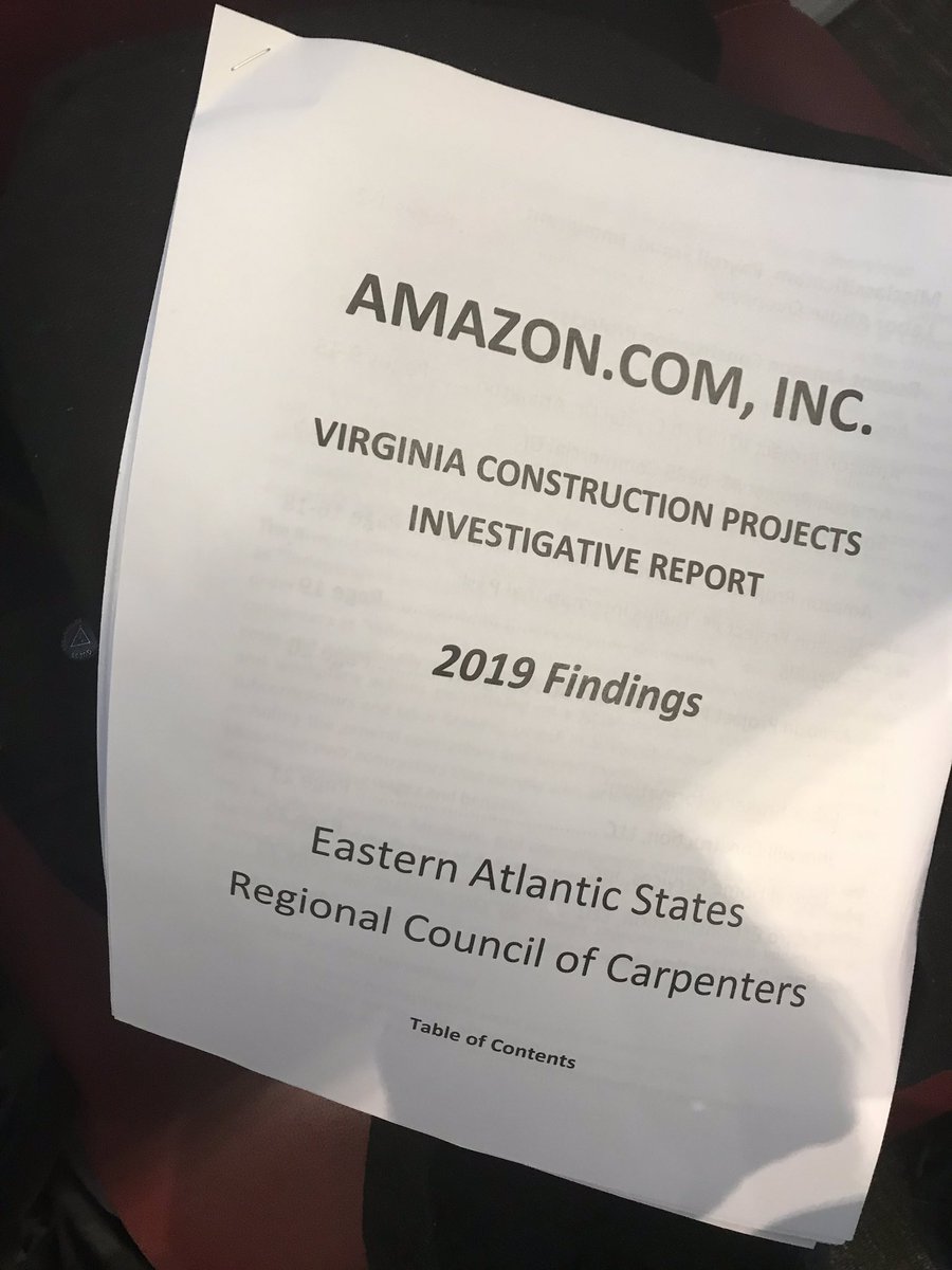 Carpenters_197's tweet photo. We are handing out a report at the @ArlingtonVA board meeting detailing the violations on multiple Amazon projects throughout the region.

Amazon promised 9 months ago this wouldn’t happen. How can we trust that future construction projects won’t have wage theft? https://t.co/CZ06osQM8e