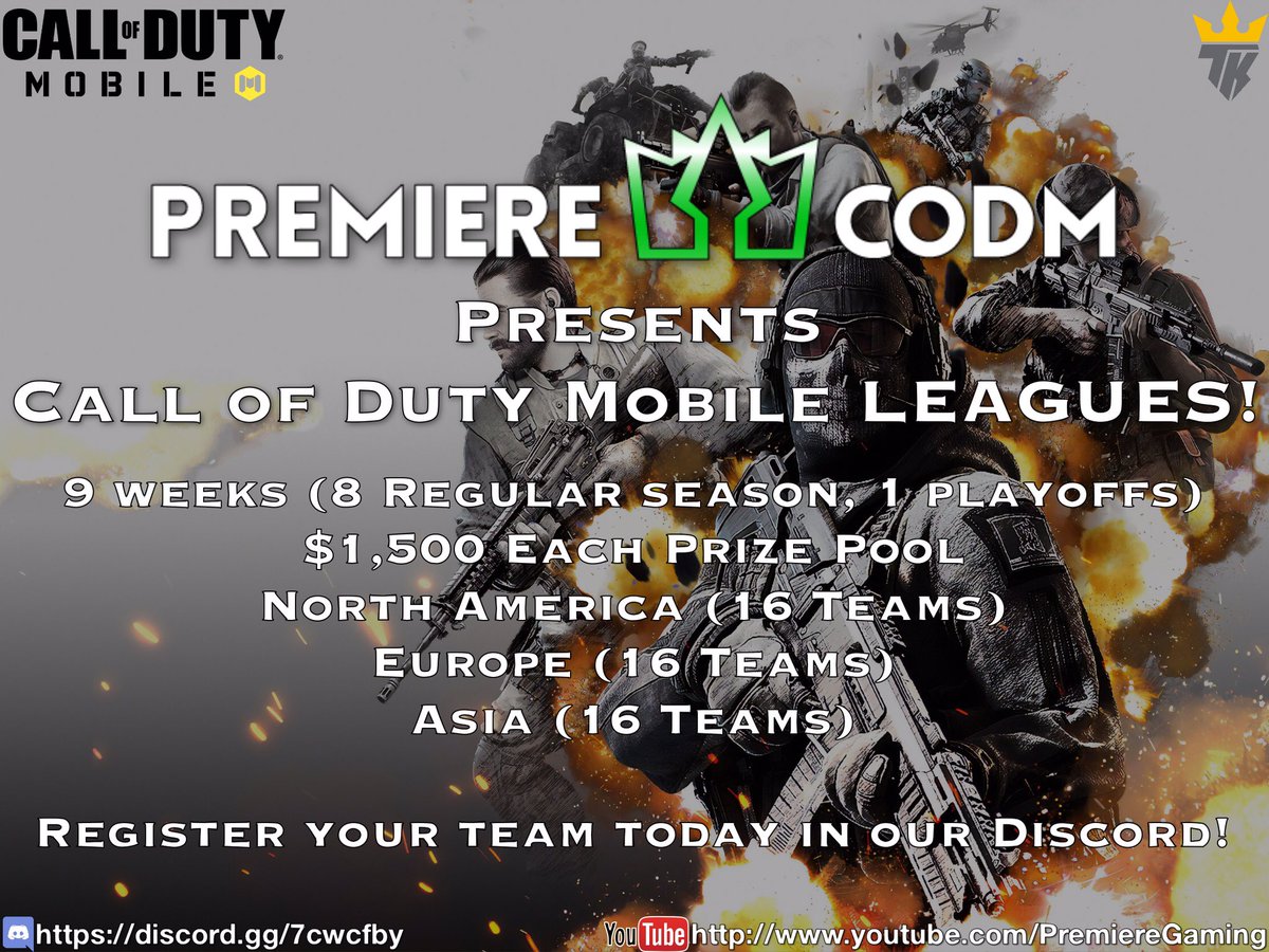 <a href="/Premiere_Gaming/">Premiere-Gaming</a> presents <a href="/PlayCODMobile/">Call of Duty: Mobile</a> leagues in NA, EU, &amp; Asia beginning January 7th! Put your team’s skills to the test &amp; compete for the first PGL crown in <a href="/PlayCODMobile/">Call of Duty: Mobile</a>!

Hop in Discord (discord.gg/7cwcfby) NOW to get your team registered!

Retweets appreciated! 😃
