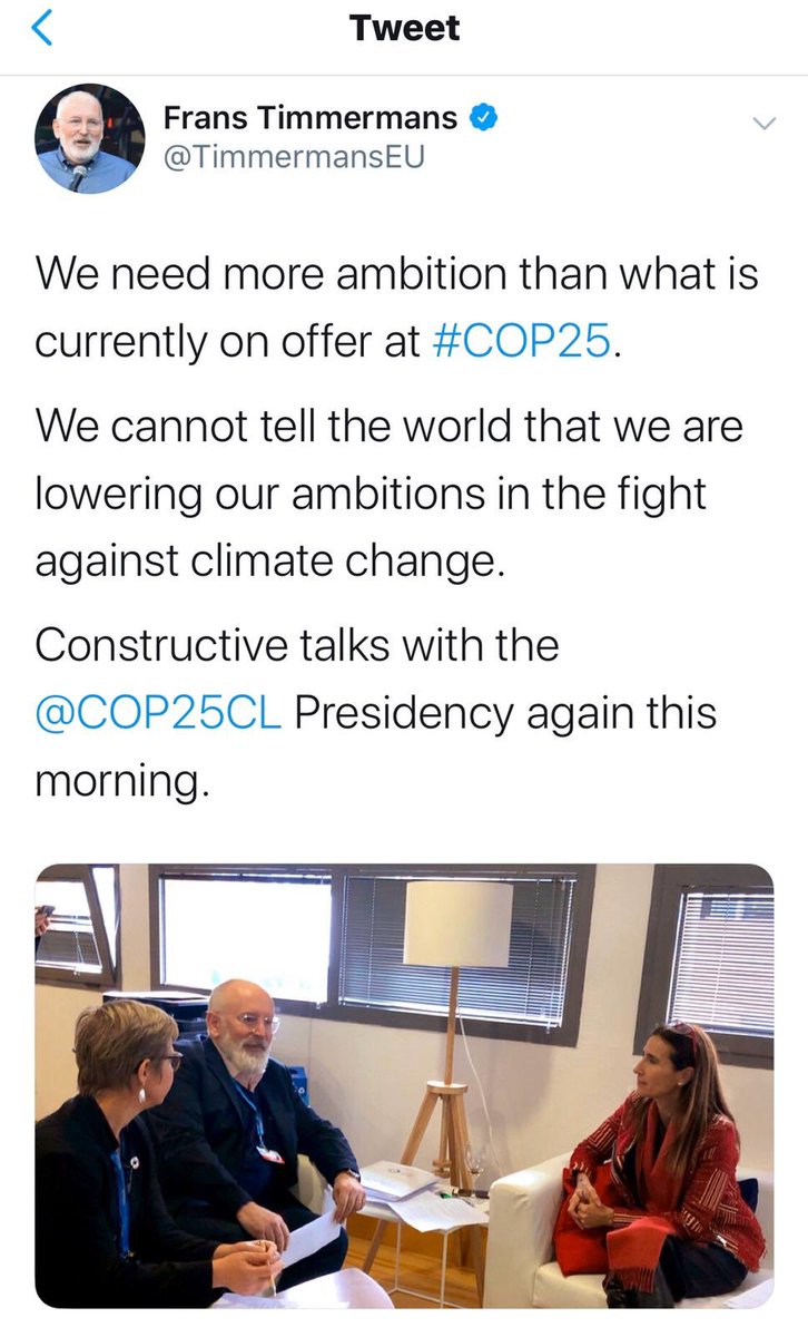 Ejemplo? Frans Timermans le pide a la presidencia de la conferencia de clima: necesitamos más ambición de lo que ahora está en oferta en la #COP25, no podemos decirle al mundo que estamos reduciendo nuestras ambiciones en la lucha contra el cambio climático