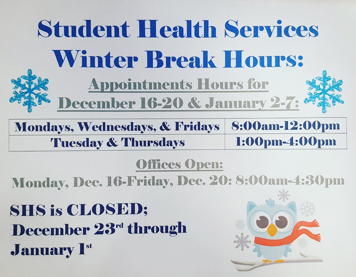 ISU_Health's tweet photo. Don't go without the care you need over break, Redbirds! These are SHS's hours;  @_StudentAffairs  @WellnessILState @IllinoisStateU @SWAT_Gspot https://t.co/JpRQjPZsVR