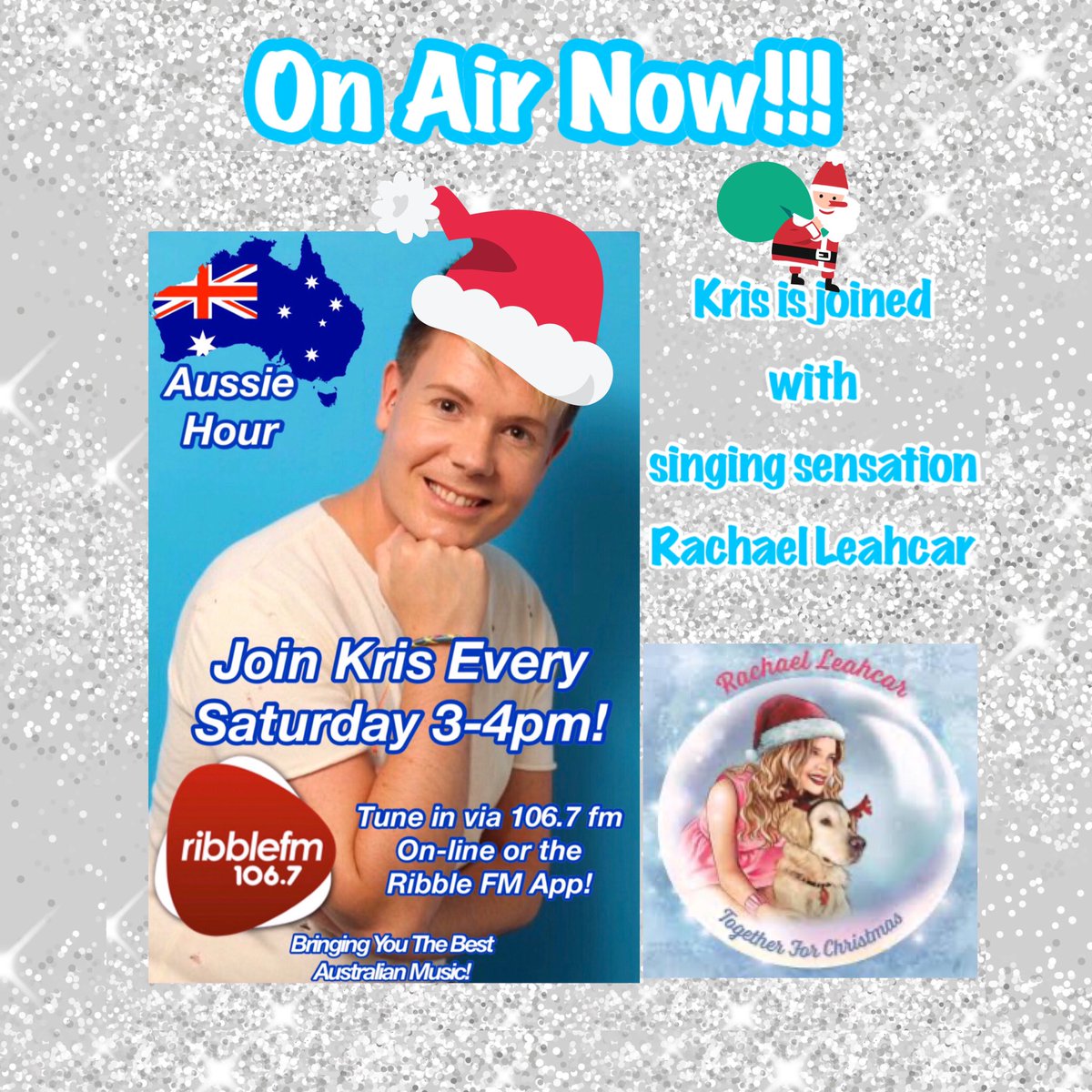 KrisCMeredith's tweet photo. 🥳ON AIR NOW!!! 🥳 #aussiehour @ribblefm 🎁

We are in full #christmasspirit🎅🏻!! #Aussie singer @rachaeleahcar tells us what she loves most about Christmas and i’m playing some tracks #togetherforchristmas🎄and all the Aussie hits! 

▶️ https://t.co/DWgyPZNWCs

#radio #uk https://t.co/IqOnQKIzP5