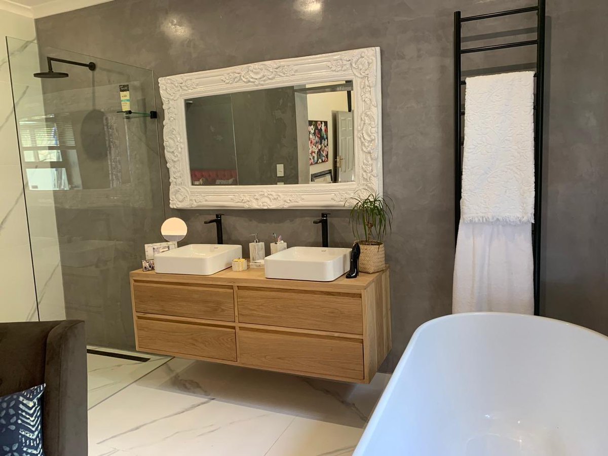 Coney Collective On Twitter We Just Installed A French Oak Double Floating Vanity Unit Love The Rich Texture And Colour Against The Matt Cement Wall Https Tco R1lkkkf4wa Vanity Bathroom Interiordesigners Sustainabledesign Frenchoak
