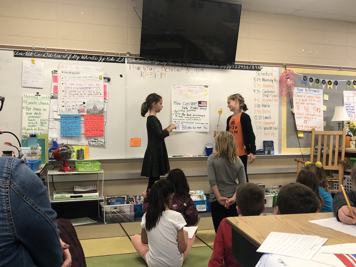 Ms_KourtneyF's tweet photo. It’s finally time to present! These 3rd graders have worked so hard to share with the class the branches of government, levels of government, and how bills and laws are created. So proud of how well they did! https://t.co/cMXhahSBSR