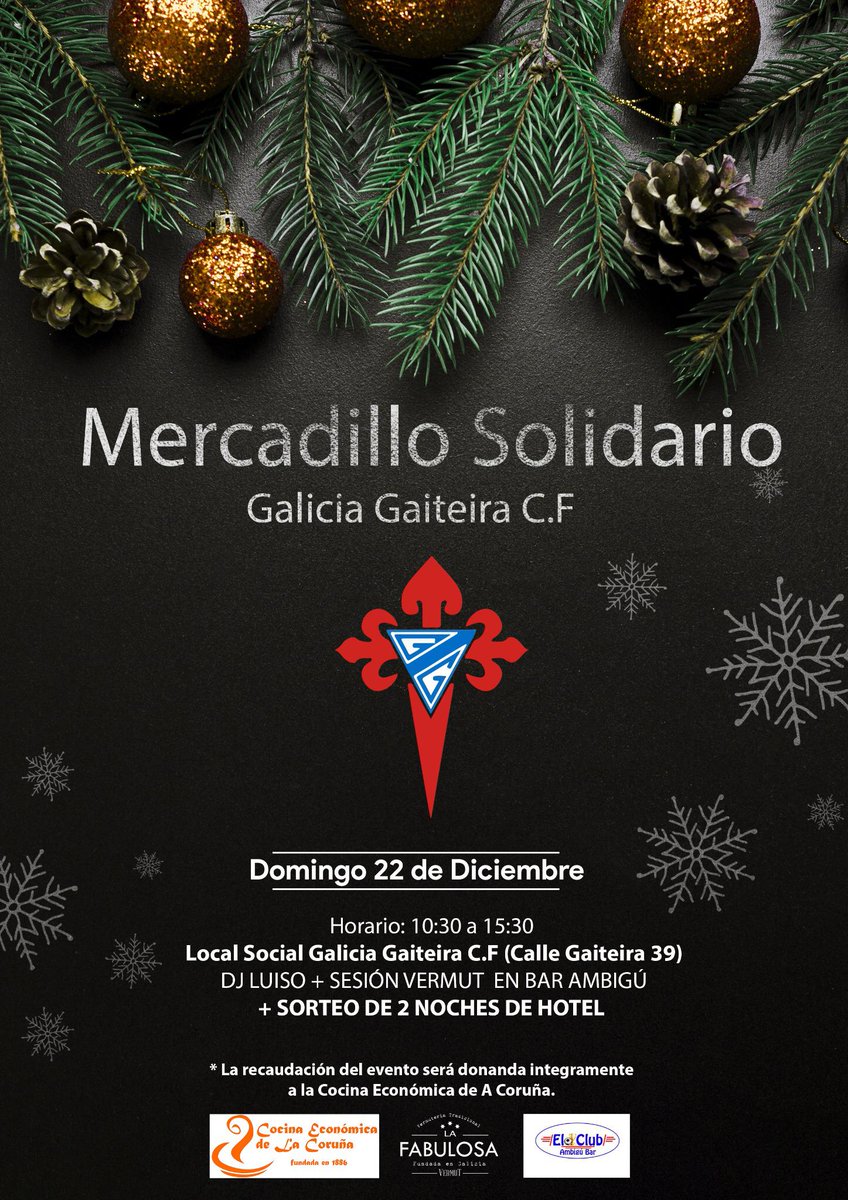 GaiteiraCF1926's tweet photo. El próximo domingo 22 de diciembre pásate por el club a disfrutar y participar en el mercadillo solidario.

Habrá sesión vermut en el ambigú bar y contaremos con la presencia de DJ Luiso.

Toda la recaudación será donada íntegramente a la Cocina Económica de A Coruña. https://t.co/MRblKNFnZR