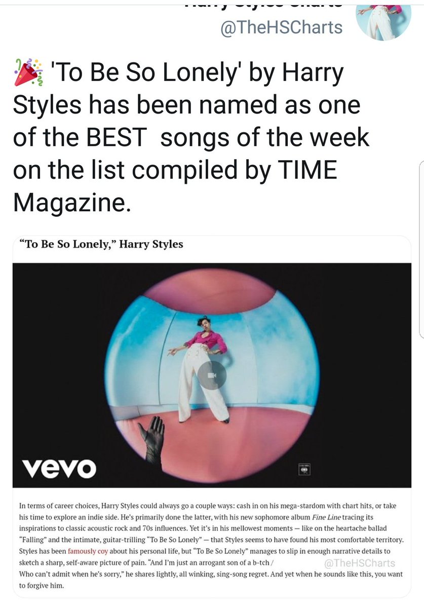 Despite not being singles, "Falling" has entered top 10 on itunes USA, and "To be so Lonely" is one of the best songs of the week (by TIME magazine).  #fineline also got great reviews from critics.