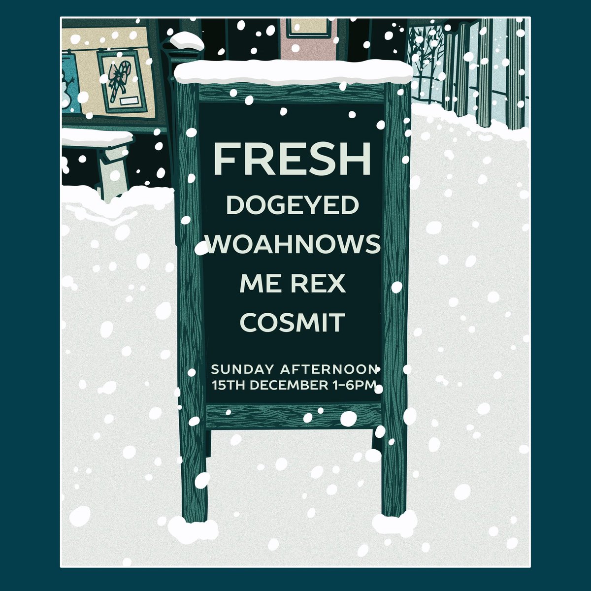 Our Xmas Party is TOMORROW 🎄🥳 1-6p at Exchange!

Sadly <a href="/charmpitband/">CHARMPIT</a> had to drop off due to health but we’ve still managed a very rad lineup:

5:00 FRESH
4:00 DOGEYED
3:00 WOAHNOWS
2:15 ME REX
1:45 COSMIT

Please bring food bank donations! The first 50 people will get a 🎁✨
xo